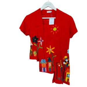 Kutubaru Tangga Lengan Pendek Linen Merah Menyala - Lukis, Size S - Tampak Depan