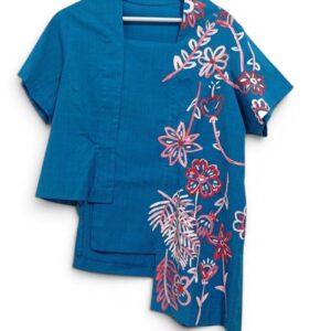 Kutubaru Tangga Lengan Pendek Tenun Tangan ATBM - Tosca - Lukis Pink-Merah on Tosca - Size XXL, Tampak Depan