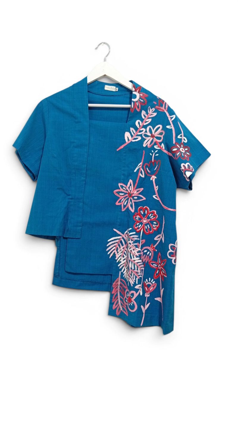 Kutubaru Tangga Lengan Pendek Tenun Tangan ATBM - Tosca - Lukis Pink-Merah on Tosca - Size XXL, Tampak Depan