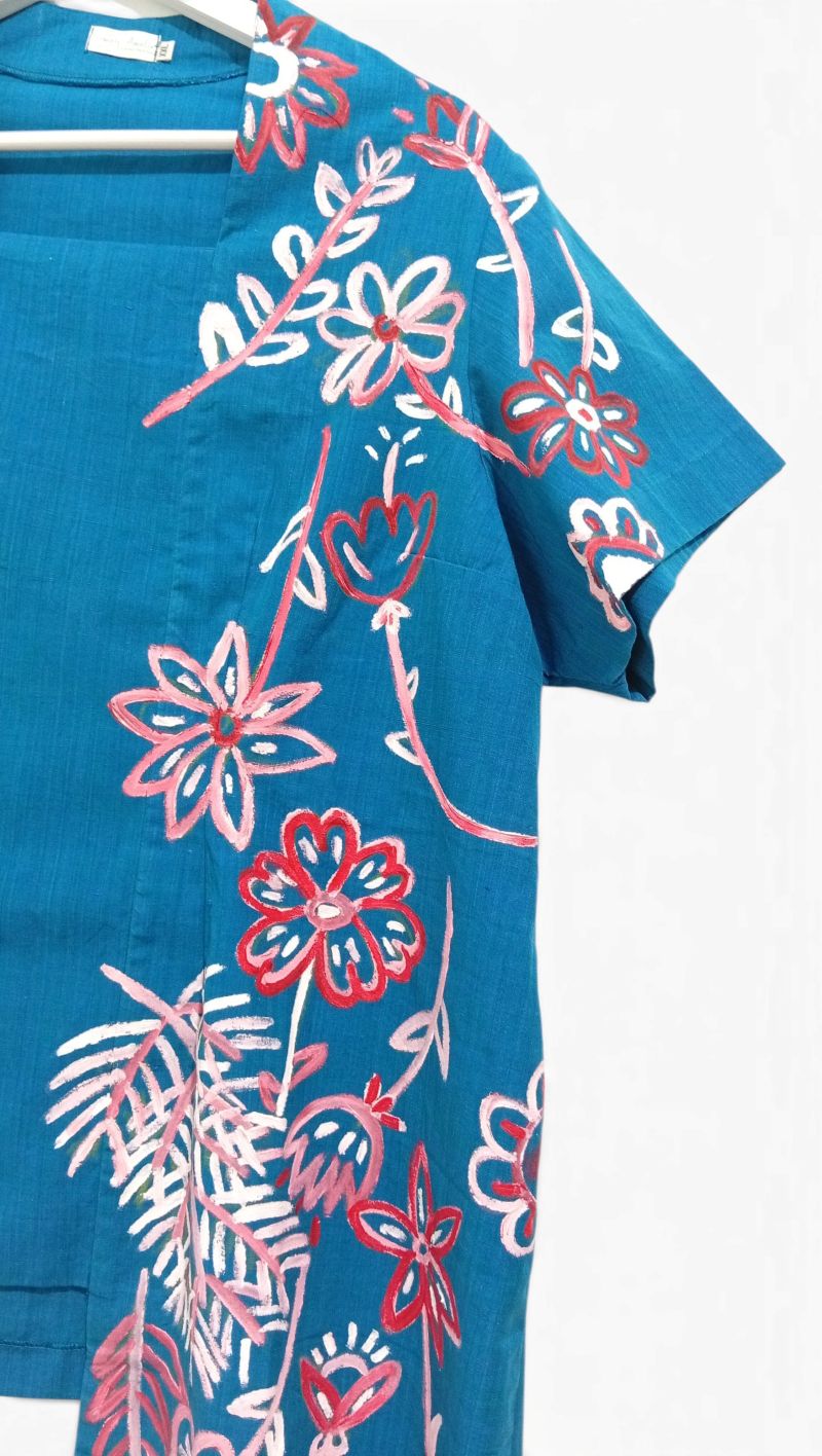 Kutubaru Tangga Lengan Pendek Tenun Tangan ATBM - Tosca - Lukis Pink-Merah on Tosca - Size XXL, Detail Lukisan