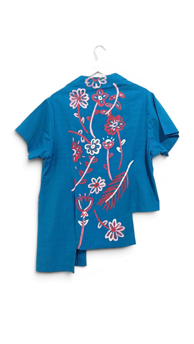 Kutubaru Tangga Lengan Pendek Tenun Tangan ATBM - Tosca - Lukis Pink-Merah on Tosca - Size XXL, Tampak Punggung