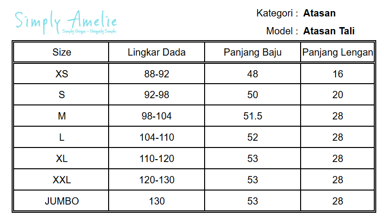 Tabel Ukuran - Size Charts - Atasan Tali